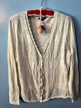 Frye Pointelle Knit Scalloped Button-Front Cardigan XXL Cream